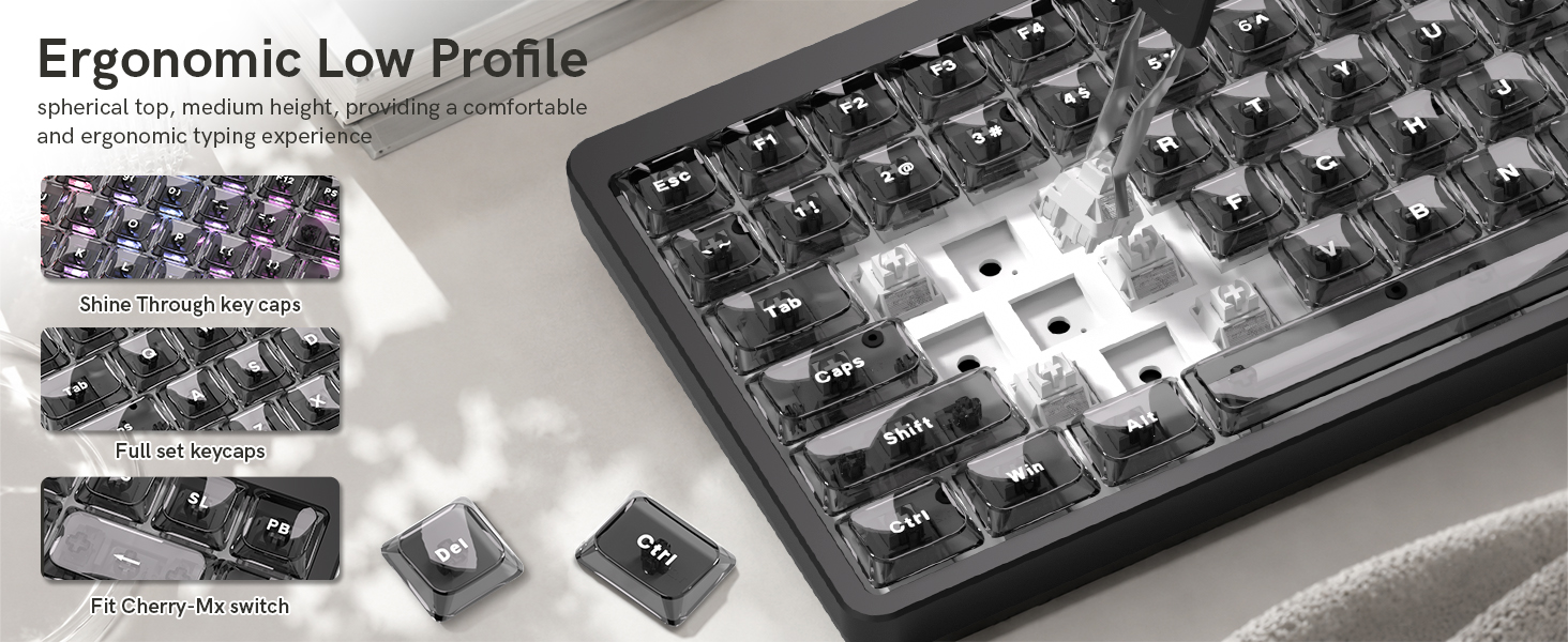 Dark Grey Low Profile keycap Set,PC Clear Keycaps Jelly Style,Shine Through Custom Key caps