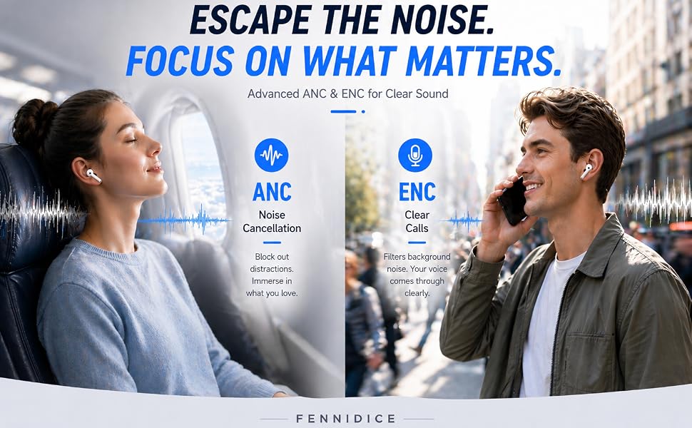 Woman relaxing and man making a call while wearing wireless earbuds