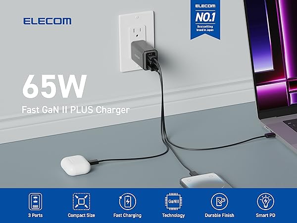 Elecom Wall Charger 65 watt 3 Port