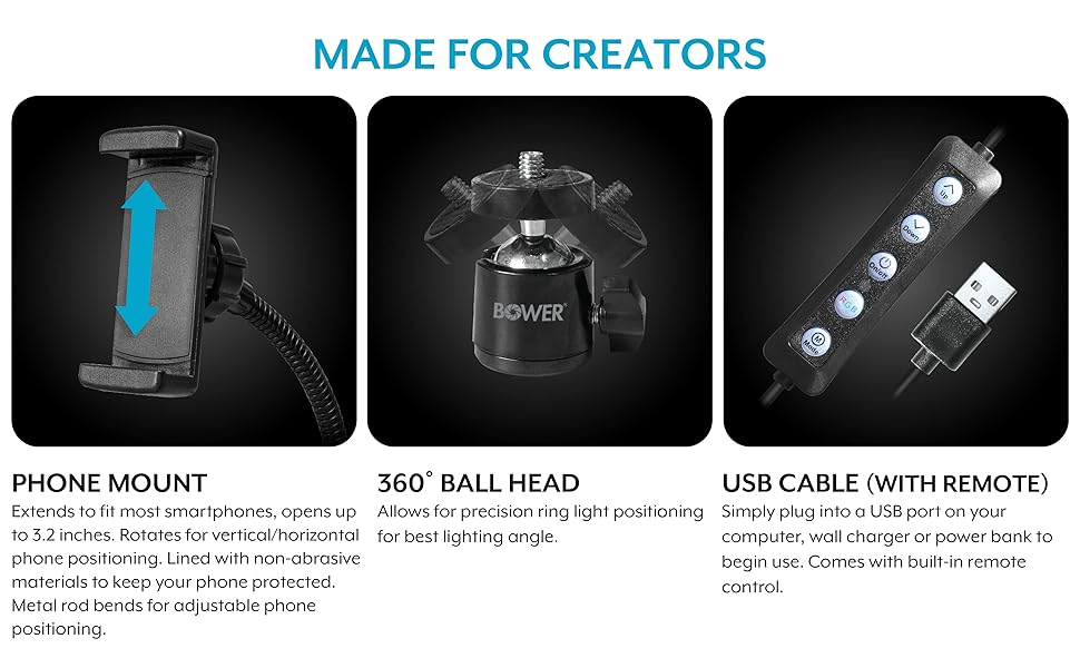 Made For Creators Phone Mount, 360 Degree ball head, USB Cable with remote
