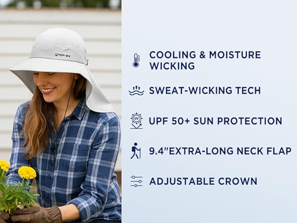 Woman wearing cooling sun hat with long neck flap while gardening, featuring UPF 50+