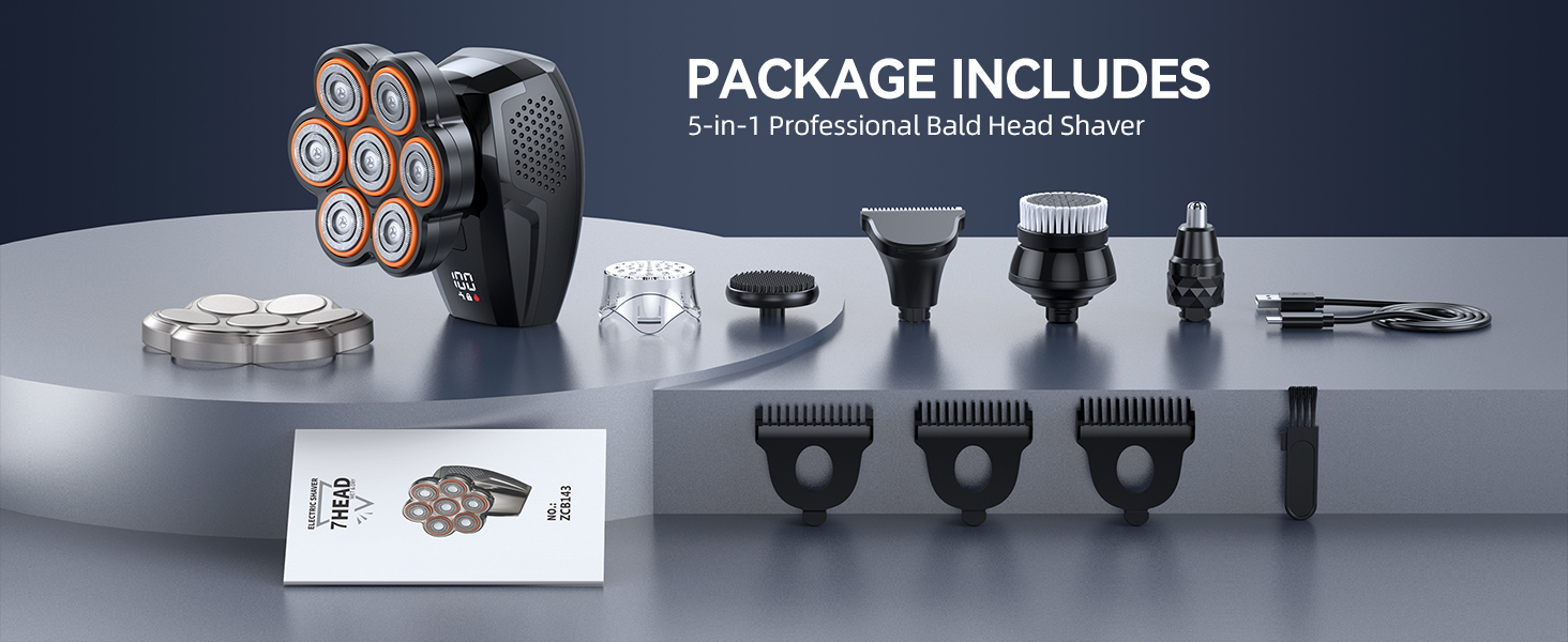 5-in-1 Bald Head Shaver Kit, 7D Magnetic Head Razor with Multiple Grooming Attachments