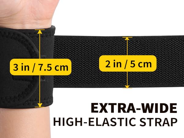 Extra-wide, high-elastic strap shown on wrist. Black band measures 3 in / 7.5 cm in width at wrist, extending to 2 in / 5 cm wide elastic strap.