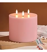 Eywamage 3 Wick Pink Flameless Pillar Candle with Remote, Large Flickering LED Wax Battery Candle...