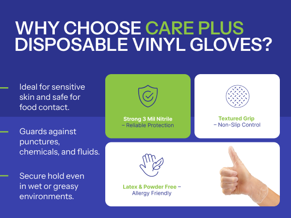 Allergy-friendly powder-free latex-free vinyl gloves with textured grip and 3 mil thickness