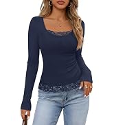 MEROKEETY Women's Long Sleeve Lace Trim Tops 2026 Fall Ribbed Scoop Neck Button Shirts Going Out ...