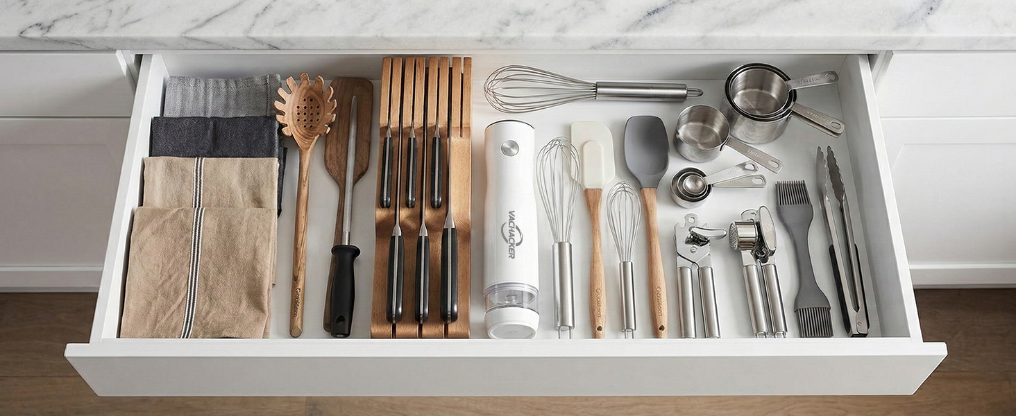 Space-saving compact handheld vacuum sealer fits easily in kitchen drawers. Travel-ready.