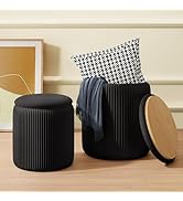 Black Velvet Ottoman with Storage Set of 2, Round Storage Ottoman Foot Rest, Black Makeup Vanity ...