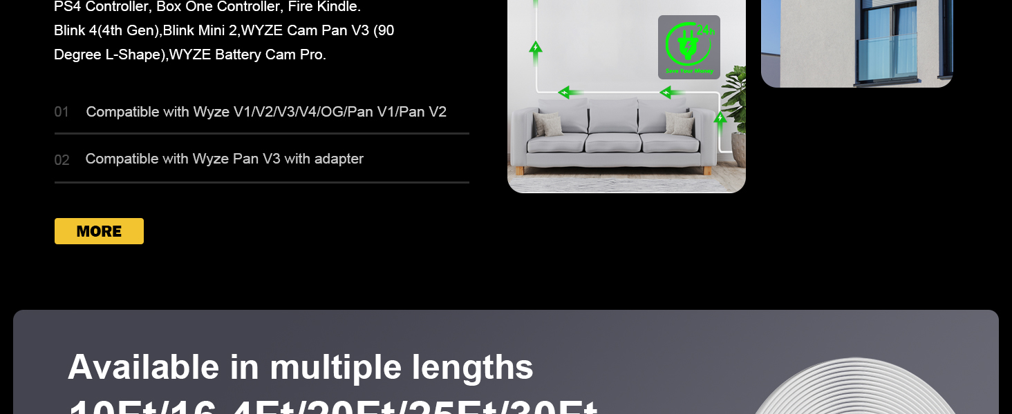 Power Extension Cable Compatible with Wyze Cam V4