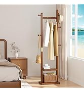 Taitiy Solid Wood Coat Rack Clothes Rack, Coat Rack Freestanding with 2 Shelves and 5 Hooks, Heav...