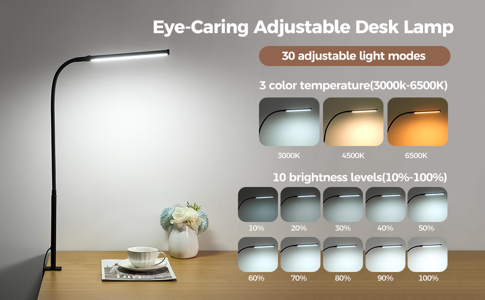 Eye-caring desk lamp featuring 30 adjustable modes, with display showing 5 color temperatures from 3000K-6000K and 10 brightness levels.