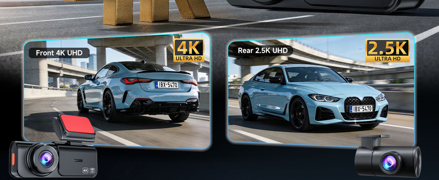Dual Dash Cam Front and Rear: 4K+2.5K Dash Camera for Cars Built-in 5G WiFi APP Control Free 64GB