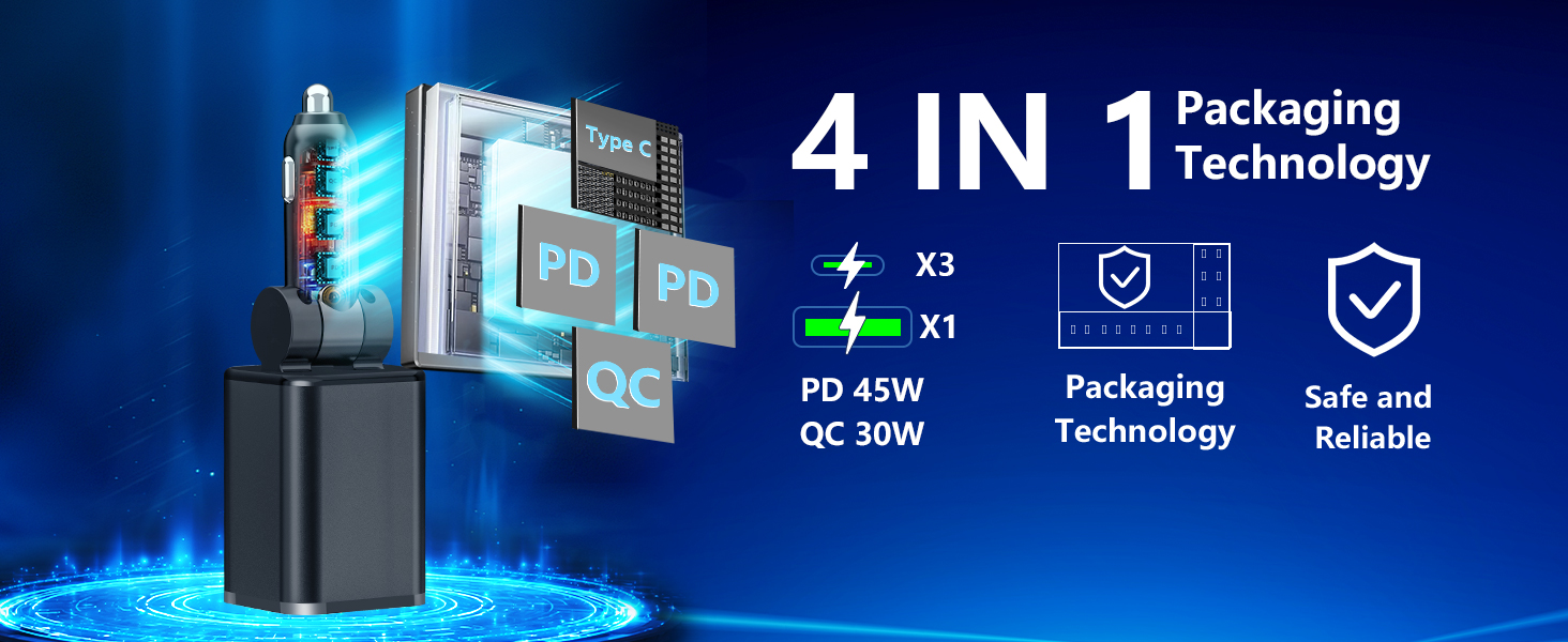 Retractable Car Charger USB C 120W USB C Car Charger 4-IN-1 PD/QC Power Cigarette Lighter Adapter