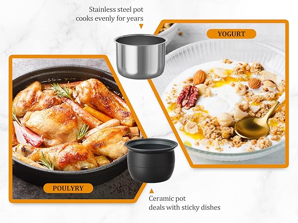 Ceramic pot conquers sticky disasters while stainless steel poy maintains perfect heat for decades