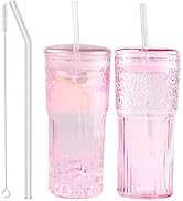 Glass Coffee Cups with Lids and Straws, 20 OZ Pink Iced Water Glasses Tumblers for Ice Juice, Tea...