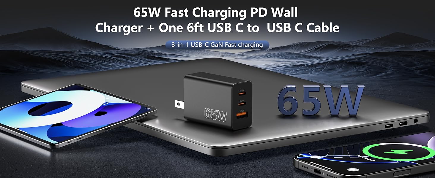 65W USB C Charger Block Fast Charging,3 Port (65W+20W+18W) USB-C Wall Charger