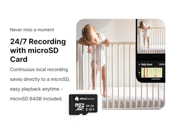 Baby in crib with AlfredCamera app showing 24/7 recording and playback using microSD card.