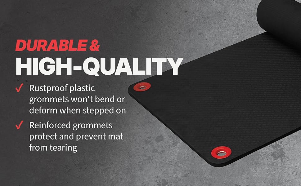 Close-up of SPRI exercise mat corner showing reinforced rustproof grommets and textured surface