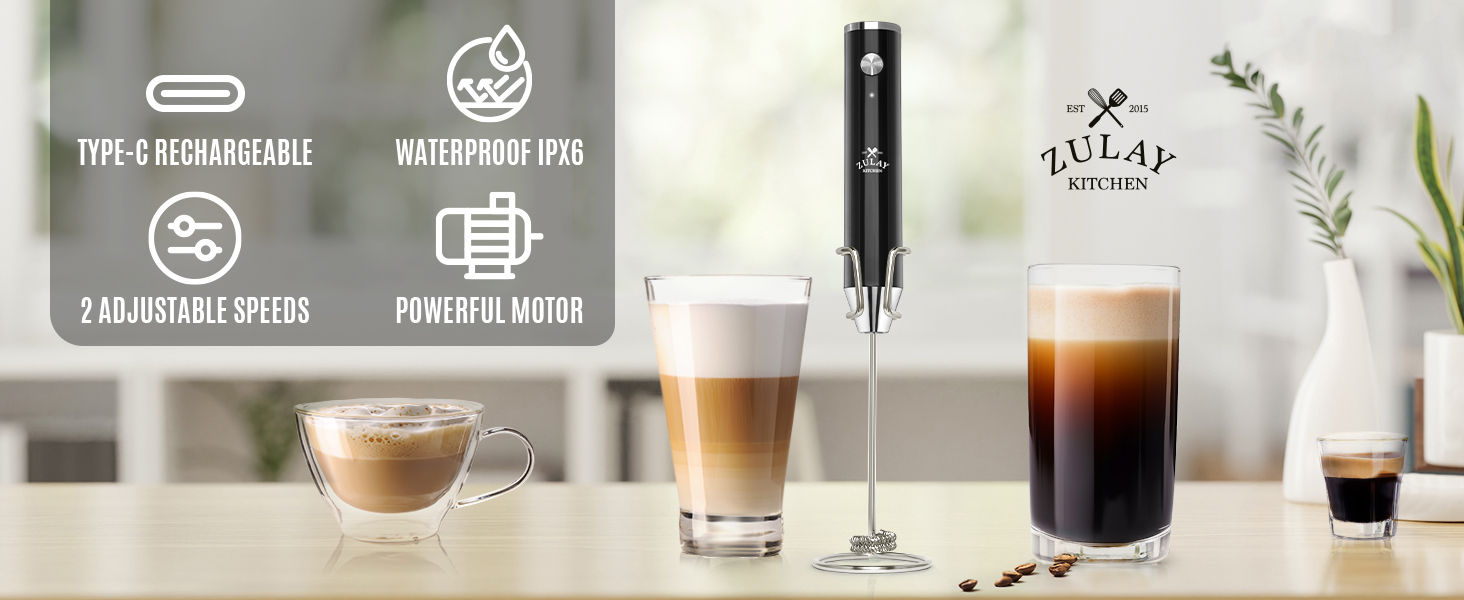 Handheld rechargeable milk frother with powerful 2-speed whisk for coffee, matcha, and mixing