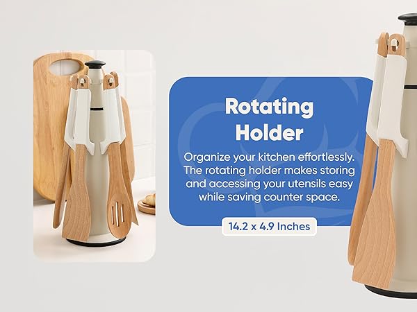 Wooden Cooking Utensils Set White Rotating Holder