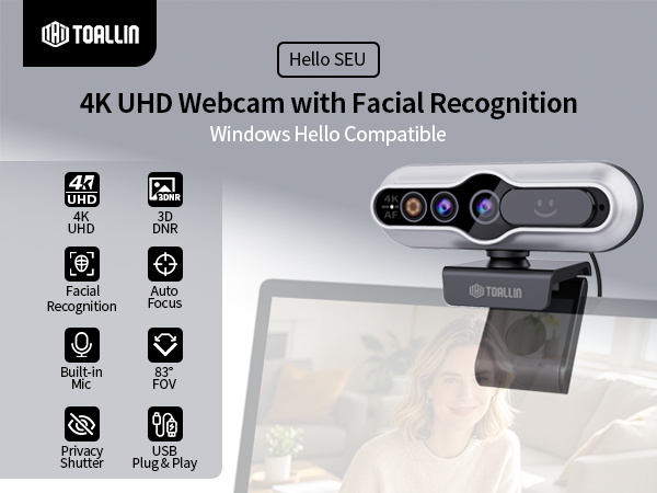 4K UHD webcam with Windows Hello Facial Recognition Camera