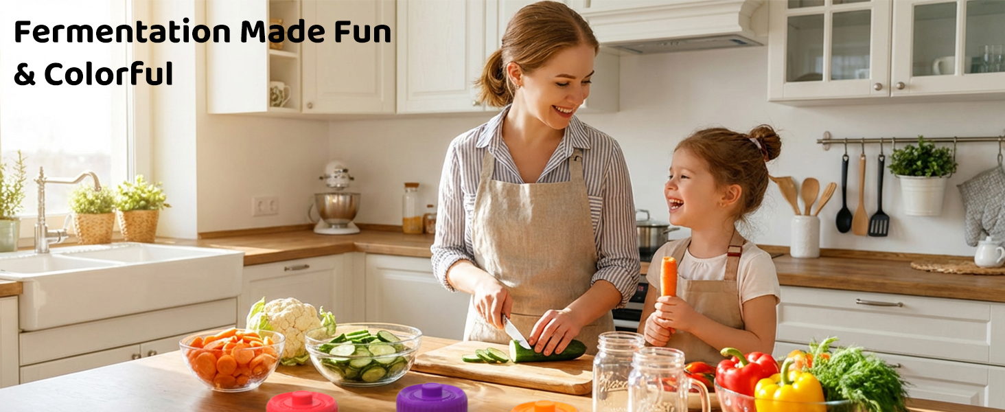 Family making healthy fermented food in kitchen using colorful silicone mason jar airlock lids.