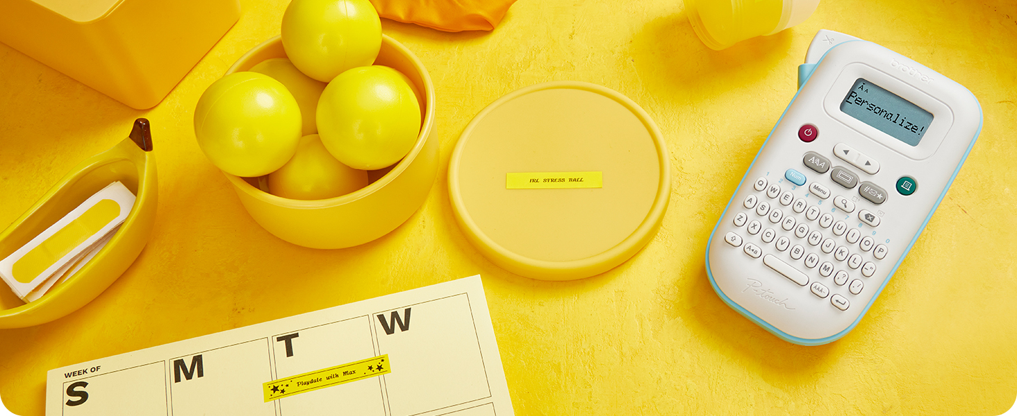 Black on yellow labels from PTN10: lid with "IRL Stress Ball" and calendar with "Playdate With Max"