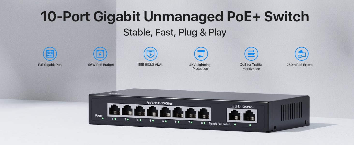 10-Port Gigabit Unmanaged PoE+ Switch
