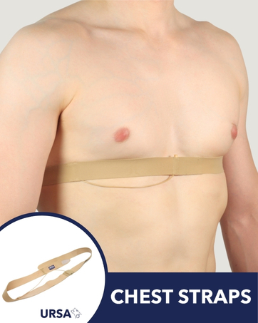 Text reads 'CHEST STRAPS' and 'URSA'. Product shows beige elastic chest compression strap worn across torso with circular inset showing strap detail.