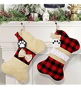 DOORTOME Pet Dog Christmas Stockings 2 Pack, Buffalo Plaid Burlap Stockings Large Bone Shape Hang...