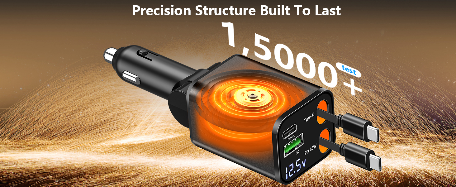 Retractable Car Charger USB C 120W USB C Car Charger 4-IN-1 PD/QC Power Cigarette Lighter Adapter