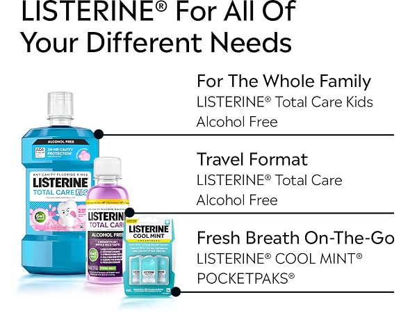 Listerine products listed: kids alcohol free, travel format, pocketpack format