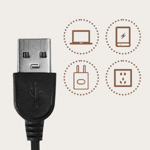 Black USB connector with four circular icons representing different connection types or functionalities.