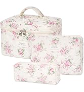 SXS LACONIC Quilted Makeup Bag,Large Cosmetics Bag Set,Cotton Coquette Floral Make up Pouch,Trave...