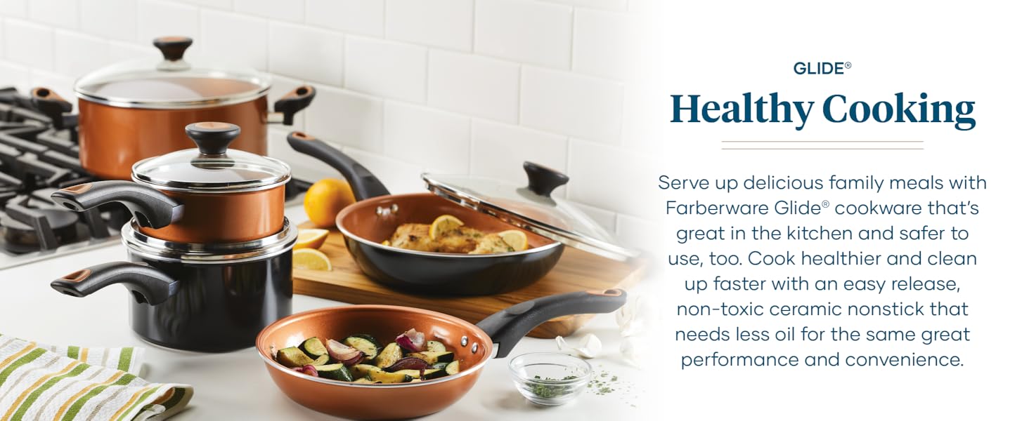 Farberware Glide cookware on stovetop and countertop with vegetables