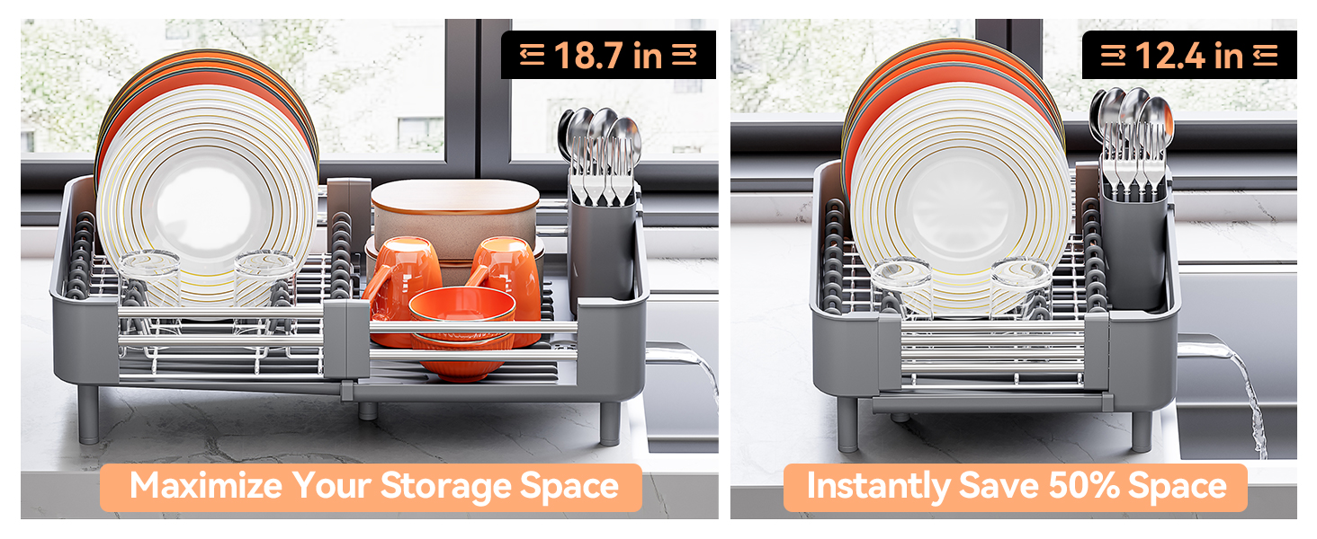 Expandable Dish Drying Rack for Kitchen Counter, Extendable Dish Rack with Drainboard
