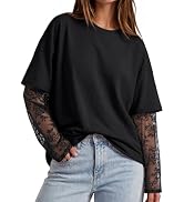 Trendy Queen Womens Lace Long Sleeve Tops Oversized T Shirts 2026 | Drop Shoulder Crew Neck Layer...