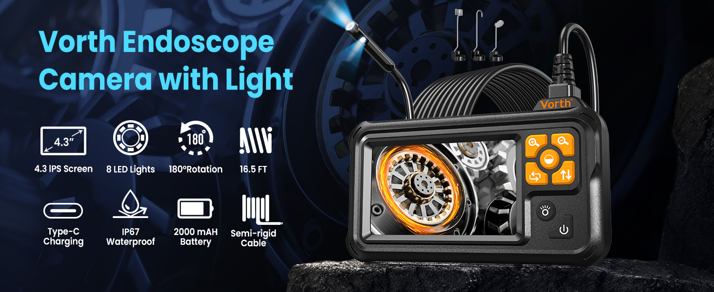 Vorth Endoscope Camera with Light, 4.3&amp;amp;#34; IPS Screen 1080P Borescope Tools with 8 LED Lights