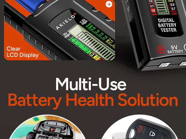 Text reads "Clamp LCD Display Multi-Use Battery Health Solution". Close-up of digital battery testing device with green LCD screen display and measurement indicators.