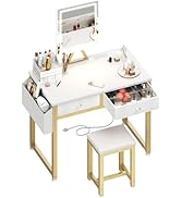 Lufeiya Small Makeup Vanity Desk with Fabric Drawers, 32 inch White Vanity Desks with Mirror and ...