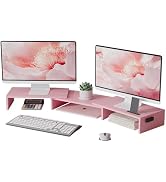 BONTEC Dual Monitor Stand Riser with Smartphone Holder, Adjustable Length &amp; Swivel Angle Wooden D...