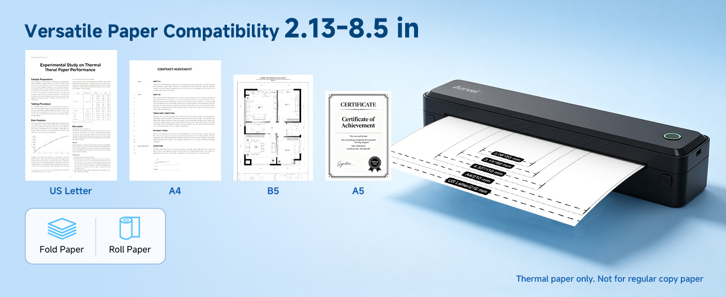 Inkless portable printer supports 2.13 to 8.5 inch thermal paper ( US Letter/ A4/ A5/ B5)