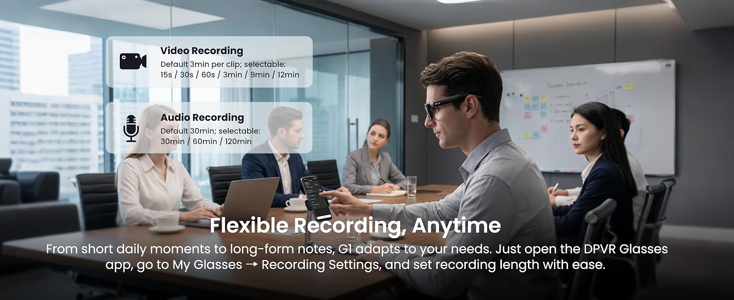 Text reads 'Flexible Recording, Anytime'. Office setting showing two people at desk with computer monitor, representing flexible recording capability.