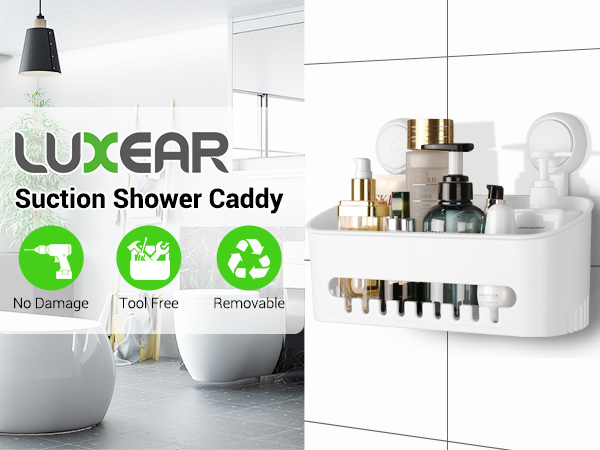 LUXEAR Suction Cup Shower Basket Powerful Vacuum Suction Shower Caddy