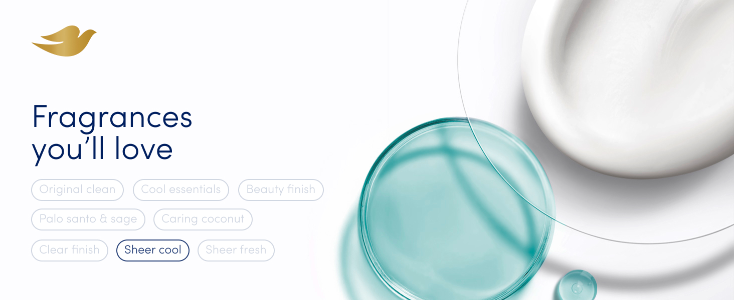 Light blue fragrance liquid drop with cream next to text that reads: Fragrances you&amp;#39;ll love.