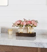 Mkono Mason Jar Lights Centerpieces for Tables Dining Room Farmhouse Decor | Wood Tray Pink Peoni...