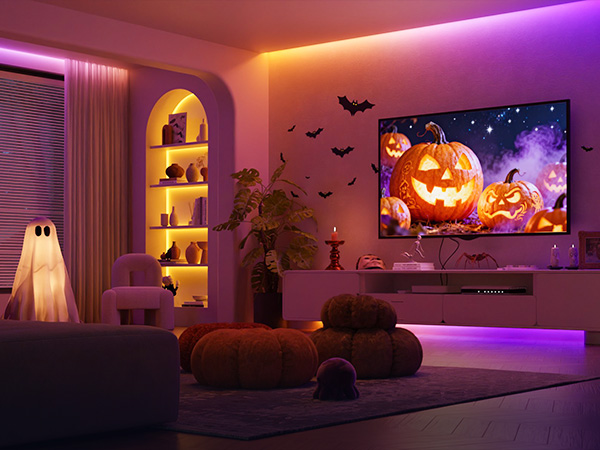 Text reads 'Image 5'. Halloween-decorated living room with purple LED lighting, wall-mounted TV displaying jack-o'-lantern, decorative bats, and ghost decorations.