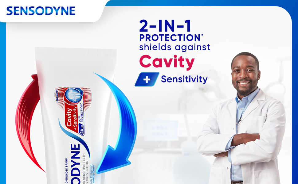Sensodyne 2-in-1 toothpaste featuring red and blue protection design