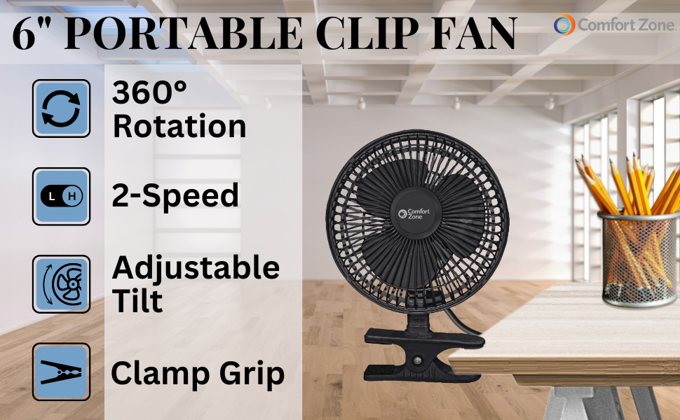 comfort zone portable 6 inch adjustable clip fan white black colors 2-speed