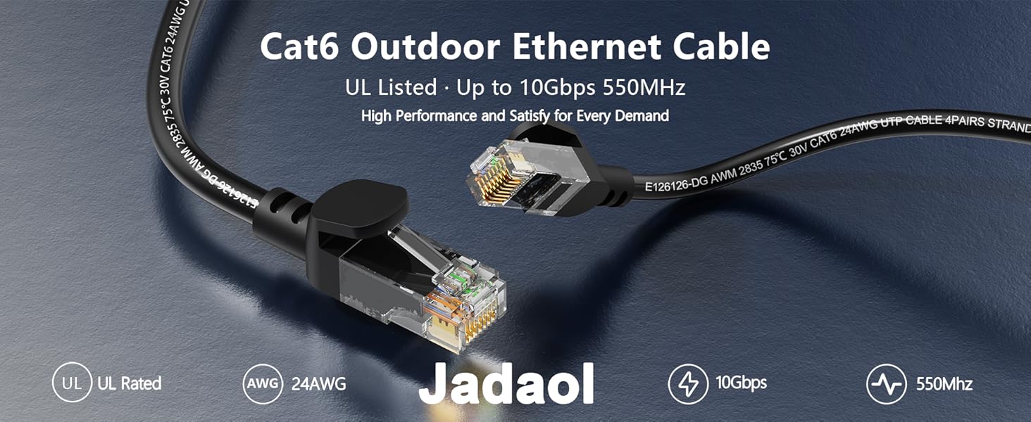 Jadaol Cat6 Outdoor Ethernet Cable Up to 10Gbps 550Mhz